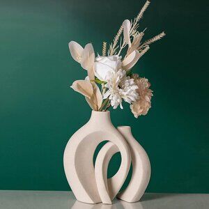 Off White Hollow Ceramic Vase Set of 2, Round Modern Vase for Nordic Minimalist